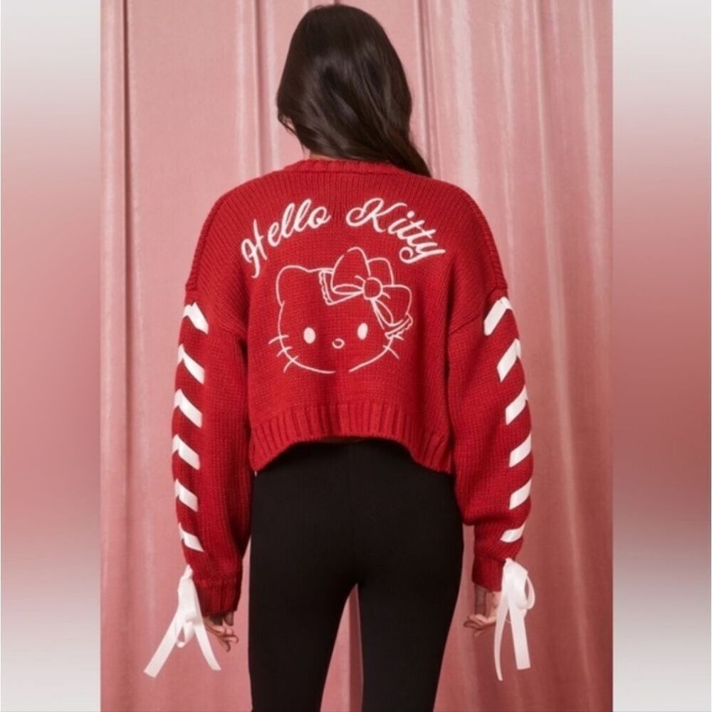 Hello Kitty x Forever 21 Red Cropped Ribbon Lace-Up Cardigan Sweater - Size M